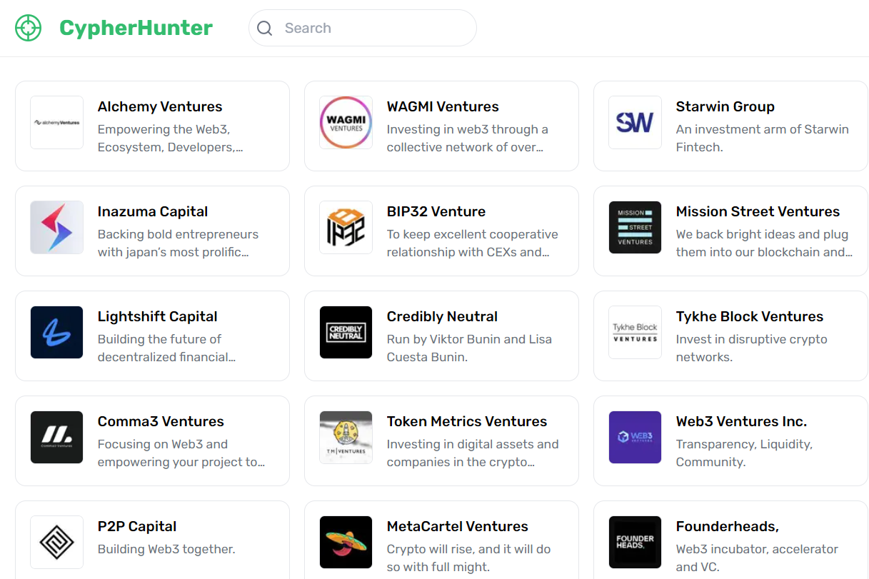 Searching for cryptocurrency VC funds. Cypher Hunter